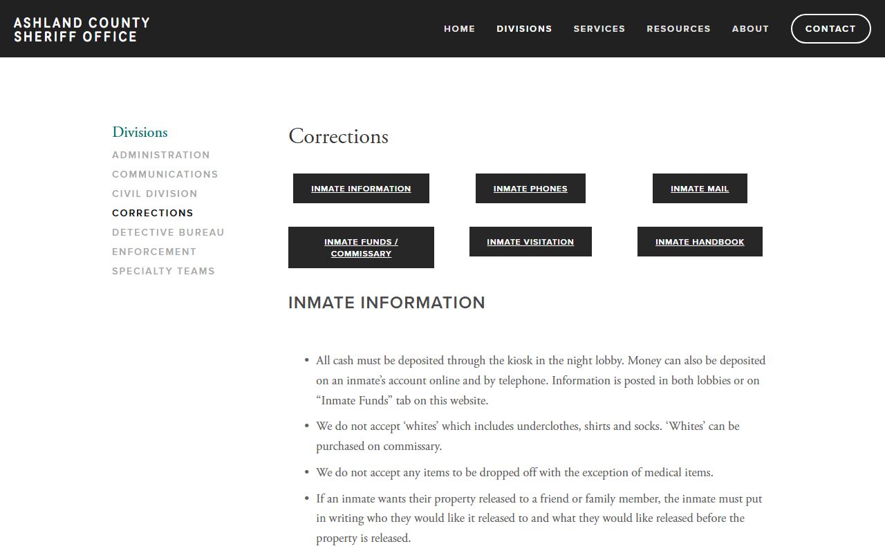 Ashland County inmate population corrections page