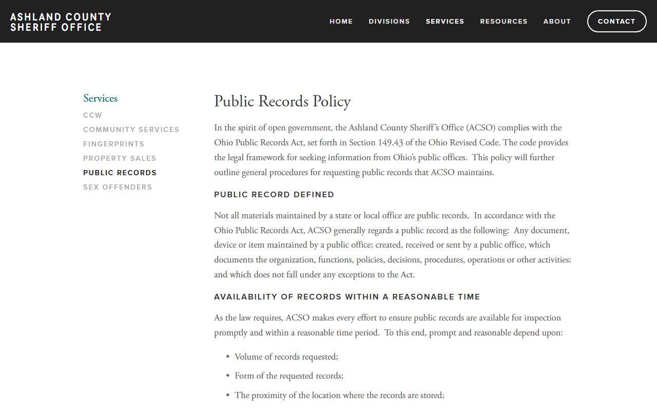Ashland County inmate records public records request policy